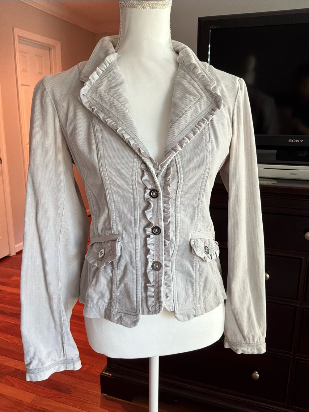 Light Gray Ruffle-Trim Structured Blazer Jacket